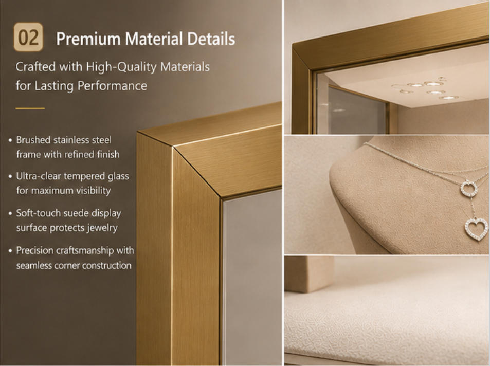 Wall-Mounted Luxury Jewelry Display Case | Brass Framed LED Showcase 8 Brass frame and anti-reflective glass material details